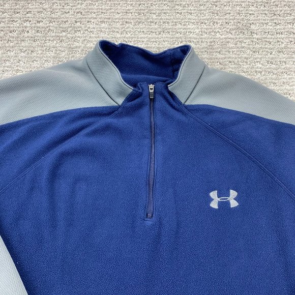 Under ARMOUR UA Fleece Sweater Men Small S Navy Blue Gray 1/4 Zip Pull Over Logo - Picture 3 of 11